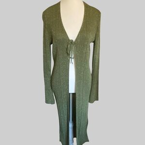 Anthropologie Green Metallic Flare Sleeve Tie Up Holiday Party Knit Duster- Sz-S